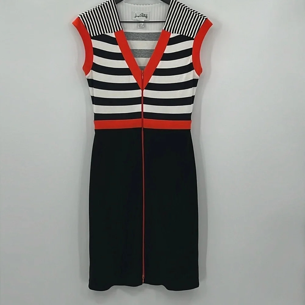 Joseph Ribkoff Jersey Knit Stripes & Solids Zip Front Sheath Dress - Size 2